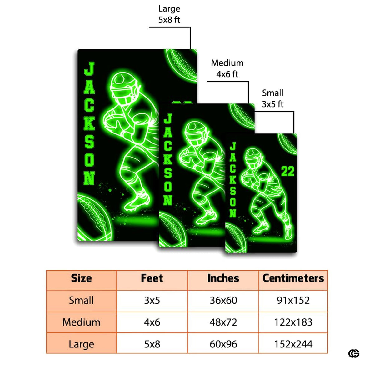 Bedroom floor mockup highlighting the glowing green football player wireframe area rug