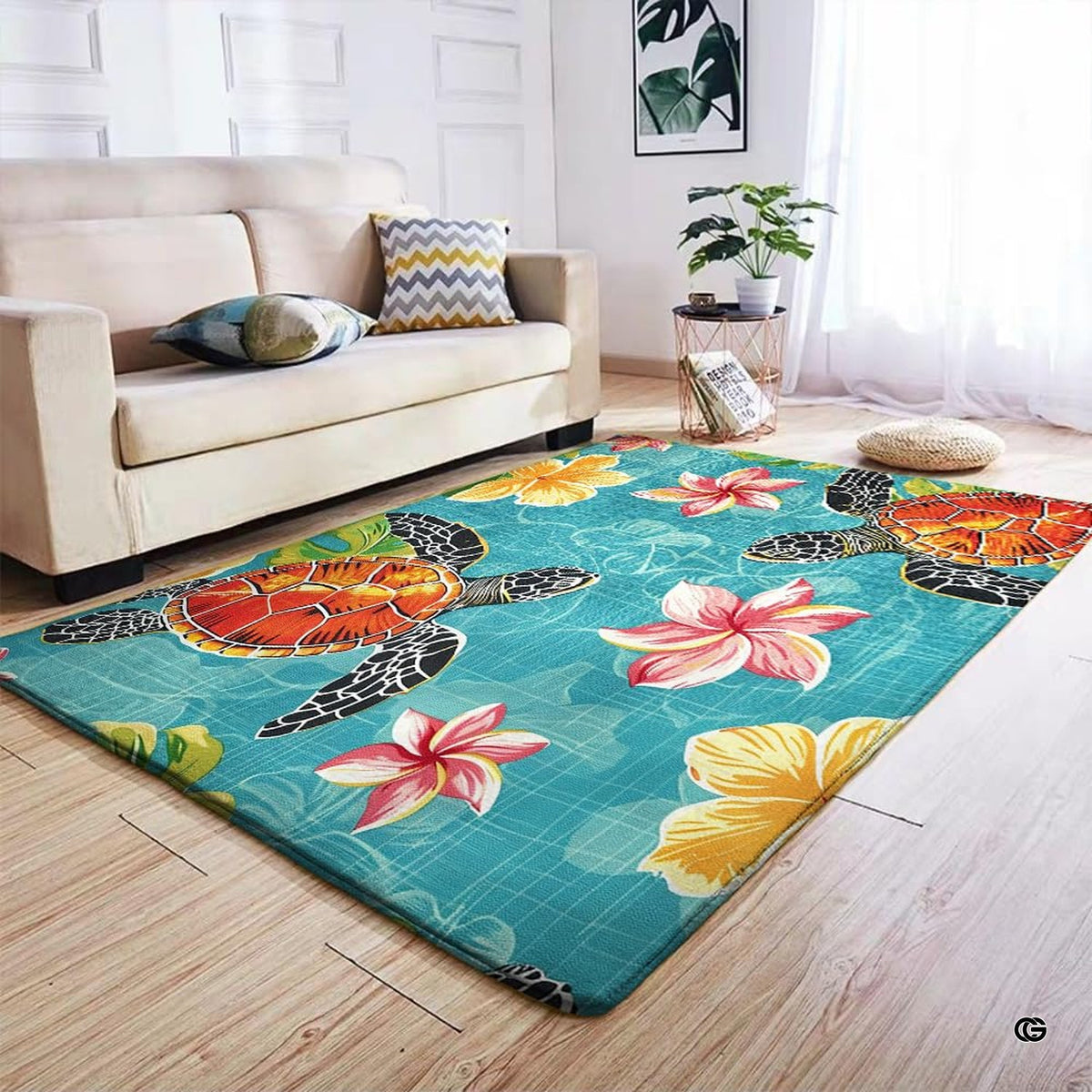 Tropical floral sea turtle area rug styled on hardwood flooring in living room.