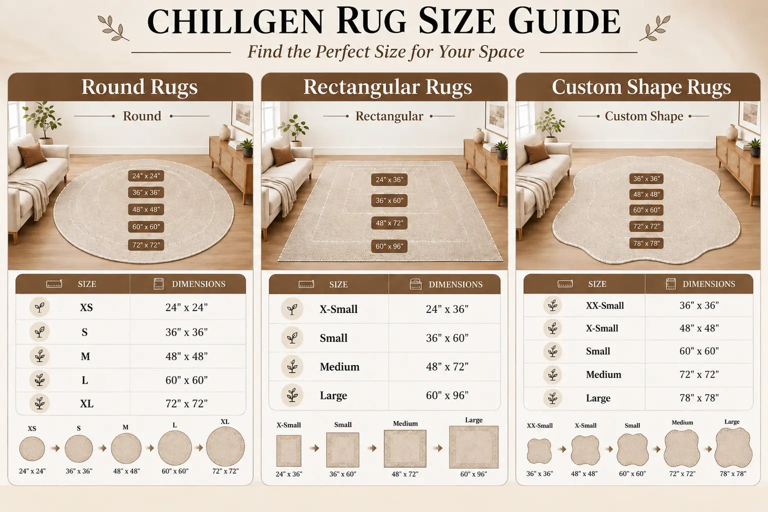 A size guide infographic for chillgen rugs, showing dimensions for round, rectangular, and custom shape rugs in different sizes (XS to XL, Small to Large, XX Small to Large). The top half features three room mockups illustrating the rugs in use, and the bottom half contains detailed size tables and circular size comparison diagrams.